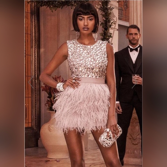 BEBE fringy feather beaded mesh mini cocktail dress size 4 - Picture 4 of 16